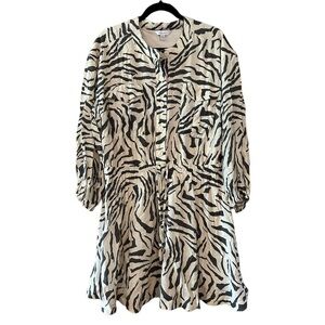 Nine West Cream Zebra Animal Print Button Down Long Sleeve Dress